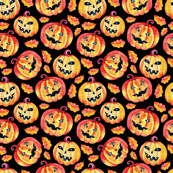 Seamless background in watercolor pumpkins for Halloween in autumn leaves on black background. Pattern for autumn holiday. Mystical, fabulous, fun style. Bright texture for packaging design, textiles, — Stock Photo, Image