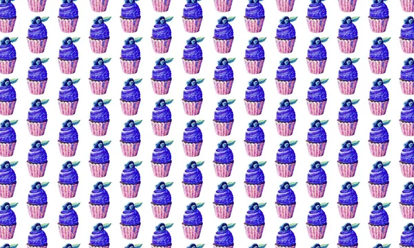 Ręcznie rysowane akwarela bezszwowe tło z Muffin Blueberry i ciasto porzeczki. Romantyczna koncepcja. Tło dla tekstyliów, opakowań, dekoracji cukierni, piekarni, cukierni. — Zdjęcie stockowe