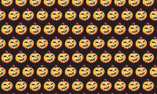 Glad pumpa mall för Halloween på en svart bakgrund i akvarell. Dekoration för höst semestern. Mystisk, sagolik, rolig stil. Ljus textur för paketering, textilier, — Stockfoto