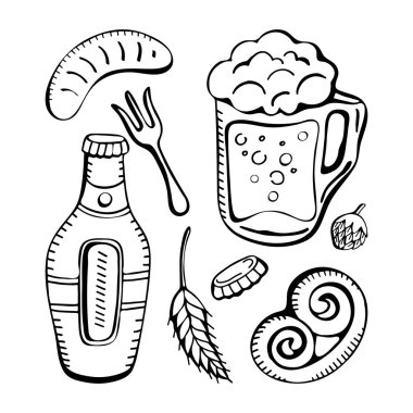 Büyük vektör seti çizgi sanat el çizilmiş Doodle karikatür oktoberfest temalı elemanları, nesneleri ve sembolleri ayarlayın. Beyaz arka planda yalıtılmış nesneler. Bira festivali. Sonbahar festivali. Bira seti.