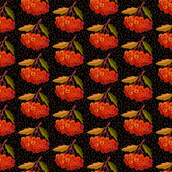Modèle vectoriel sans couture de frêne rouge de montagne sur un fond noir. Fond de baies de Rowan orange vif, dessin réaliste à la main. Thème automne et hiver pour la décoration. Conception pour textiles, pack — Image vectorielle