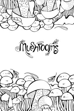 Mantar el çizilmiş vektör çerçevesi. İzole Sketch organik gıda çizim şablonu. Champignon, morel, trüf, enokitake, porcini, istiridye, chanterelle, shiitake. Menü, etiket için harika,