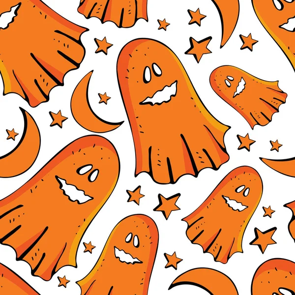 Vector seamless pattern fun Ghost among the stars and the month. Funky monster for Halloween. Design for textiles, paper, Wallpaper, packaging, banner, invitation, postcard. Festive — Stock Vector