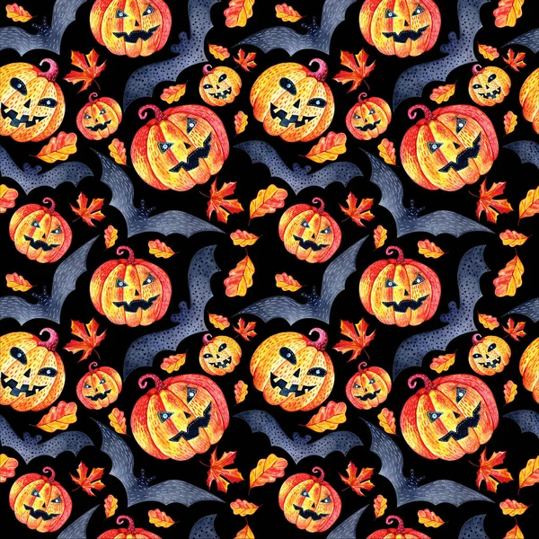 Seamless background in watercolor pumpkins, autumn leaves and bats. Pattern for the autumn holiday Halloween. Mystical, fabulous, fun style. Bright texture for packaging, textiles. — Stock Photo, Image