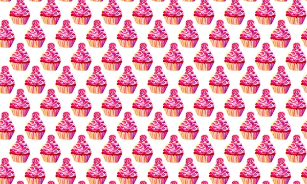 Handen getrokken aquarel naadloze achtergrond met roze cupcake en framboos taart. Romantisch concept. Achtergrond voor textiel, verpakking, decoratie voor banketbakkers, bakkerijen, snoepwinkels. — Stockfoto