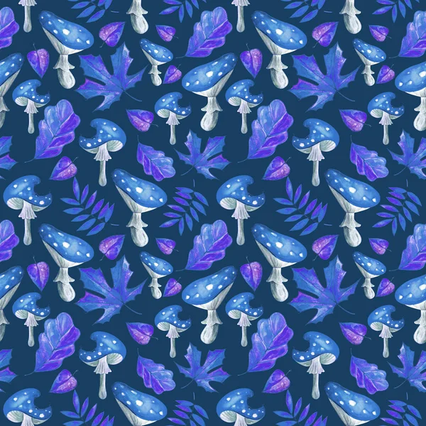 Patrón sin costuras de hongos de hadas azules en hojas de acuarela sobre fondo púrpura. Estilo místico, infantil, lindo. Fondo dibujado a mano para el embalaje, textiles , — Foto de Stock