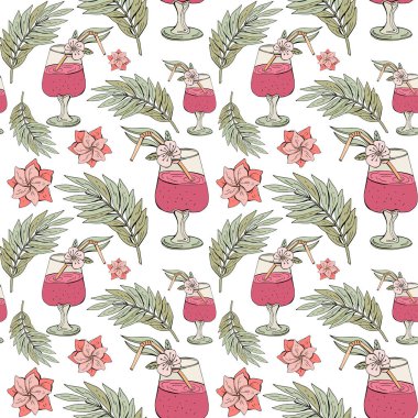 Beyaz arka plan üzerinde tropikal kokteyl, palmiye yaprakları ve Plumeria Dikişsiz vektör deseni. Yaz, egzotik arka plan el çizimi. Retro tarzı. Vintage. Tekstil, ambalaj tasarımı,