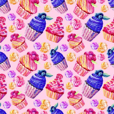 Pembe arka plan üzerinde suluboya kek, cupcakes, marshmallows Dikişsiz desen. Elle çizilmiş. Tatlı ların illüstrasyonu. Ambalaj, tekstil, Duvar Kağıdı için arka plan. Ahududu, yaban mersini,