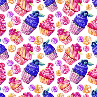 Beyaz arka planda suluboya kek, cupcakes, marshmallows Dikişsiz desen. Elle çizilmiş. Tatlı ların illüstrasyonu. Ambalaj, tekstil, Duvar Kağıdı için arka plan. Şekerleme
