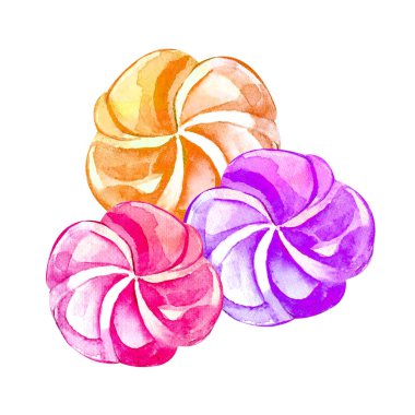 Vanilya, pembe, ahududu marshmallow ve sufle ile el çizilmiş suluboya. Romantik bir konsept. Beyaz arka planda yalıtılmış nesne. Tatlıların illüstrasyonu