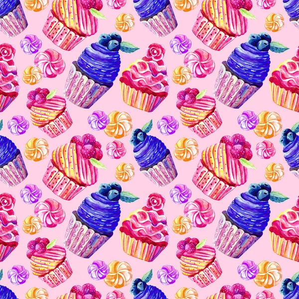 Padrão sem costura de bolos, cupcakes, marshmallows em aquarela sobre fundo rosa. Desenhado à mão. Ilustração de doces. Fundo para embalagens, têxteis, papel de parede. Framboesas, mirtilos , — Fotografia de Stock