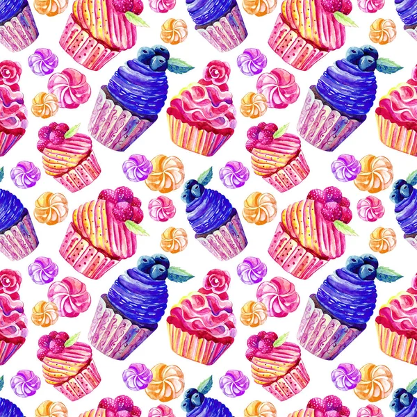 Seamless pattern of cakes, cupcakes, marshmallows in watercolor on white background. Hand-drawn. Illustration of sweets. Background for packaging, textiles, Wallpaper. Confectionery