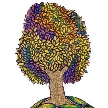 Hayat ağacı. Çizim elleri, kalın bir taç renkli kalemler, astar, mürekkep ile boyanmış stilize ağaç. Doğa teması üzerine kavramsal çizim, bilgi.