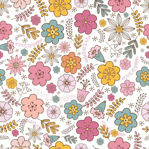 Népi mintázat, varratmentes textil kivitel, aranyos színes virágok Doodle stílusban, fehér alapon. Népművészeti vektor dísz. Boho. A textilek kézzel rajzolt naiv háttere, — Stock Vector