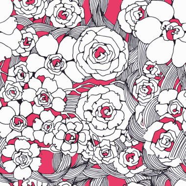 Dikişsiz desen grafik bahar çiçekleri. Siyah beyaz çizgi ve pembe renk. Modern tarzda el çizimi. Ürün ambalajı, tekstil, Duvar Kağıdı için modatasarım.