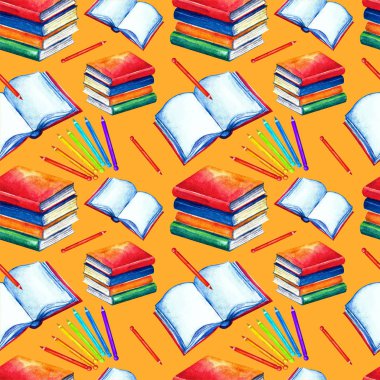 Suluboya da dikişsiz okul deseni. Kitaplar, ders kitapları, renkli, beyaz arka plandaki kalemler. Tasarım tekstil, kağıt, Duvar Kağıdı, ambalaj, afiş, kartpostal, davetiye,