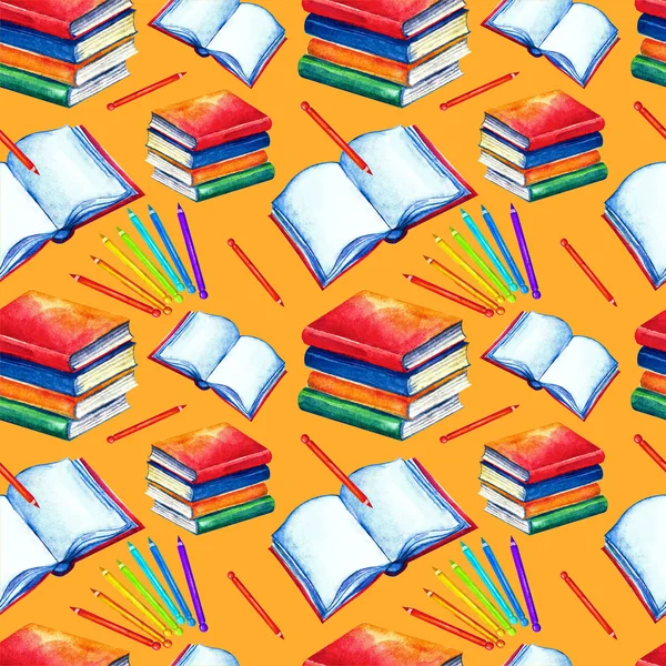 Naadloze school patroon in aquarel. Boeken, studieboeken, gekleurd, potloden op een witte achtergrond. Ontwerp voor textiel, papier, behang, verpakking, banner, briefkaart, uitnodiging, — Stockfoto