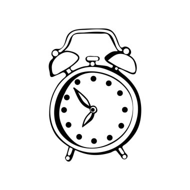 Çalar saat vektör çizimsiyah ve beyaz. . Beyaz arka planda yalıtılmış nesne. Vektördeki bir saatin elle çizilmiş çizimi.