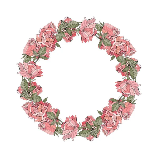 Ghirlanda nuziale salvare la data. Rosa, rosa rossa. Illustrazione vettoriale. Fiori estivi. Isolato su sfondo bianco. Retrò, vintage. Stile romantico e gentile . — Vettoriale Stock