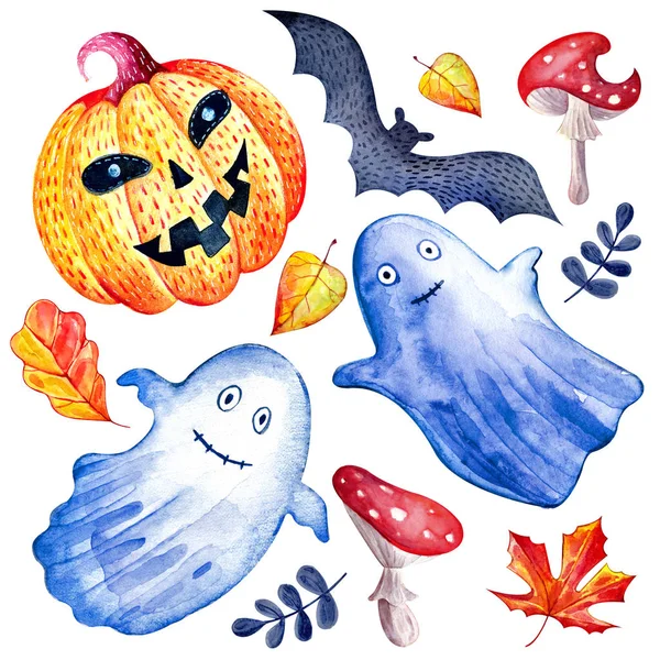 Set glücklicher Halloween-Aquarelle auf weißem Hintergrund. isolierte handgezeichnete lustige und niedliche Charaktere, Kürbis, Geist, Fledermaus, Fliegenpilz, Herbstblätter. Gestaltung des festlichen Herbstthemas. Design für Aufkleber — Stockfoto