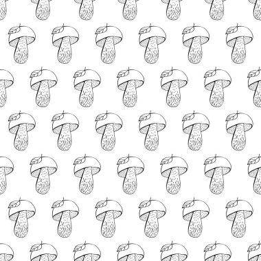 Porcini mantar el vektör dikişsiz desen çizilmiş. Beyaz arka plan üzerinde izole gıda çizim çizim çizim. Organik vejetaryen ürün. Menü, etiket için harika,