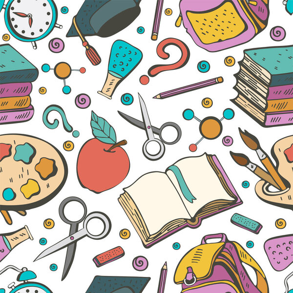 Cartoon cute doodles hand drawn School seamless pattern. Colorful detailed, with lots of objects background. Endless illustration.