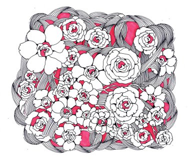 İlkbahar ve yaz çiçekleri stilize illüstrasyon. Çizim elleri, tebrik kartları, davetiyeler, posterler, baskılar tasarımı için hazır kompozisyon. Bireysel, çiçeklerin özel desen, Sakura, r