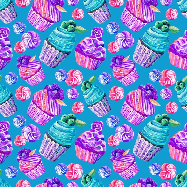 Seamless pattern of cakes, cupcakes, marshmallows in watercolor. Hand-drawn. Illustration of sweets. Background for packaging, textiles, Wallpaper. Raspberries, blueberries, strawberries. — Stock Photo, Image