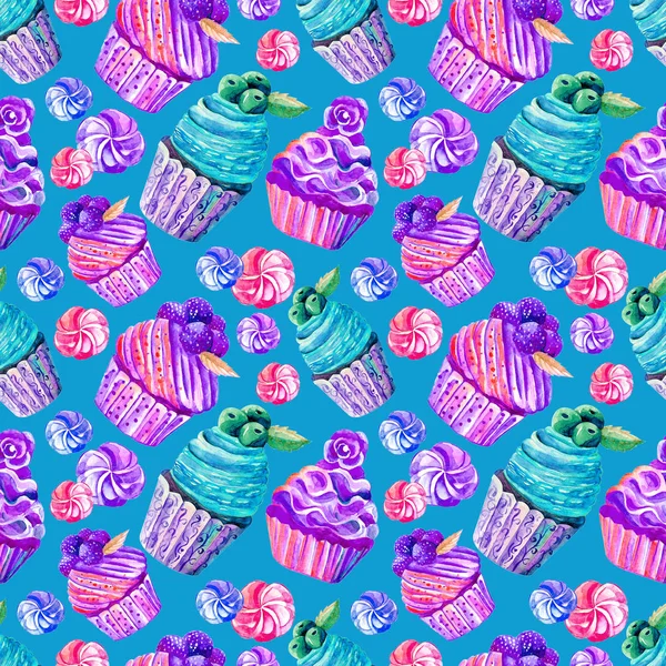 Patrón sin costuras de pasteles, cupcakes, malvaviscos en acuarela. Dibujado a mano. Ilustración de dulces. Fondo para embalaje, textiles, Papel pintado. Frambuesas, arándanos, fresas . —  Fotos de Stock