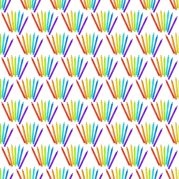 Seamless pattern with colored pencils in watercolor. School theme on white background. Design for textiles, paper, Wallpaper, packaging, banner, postcard, invitation, fabric. — Stock Photo, Image