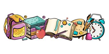 Okula yatay afiş. Sevimli tarzda Vektör renkli illüstrasyon. Tematik öğeler, nesneler ve semboller el çizilmiş Doodle karikatür seti. Çok sayıda koleksiyon