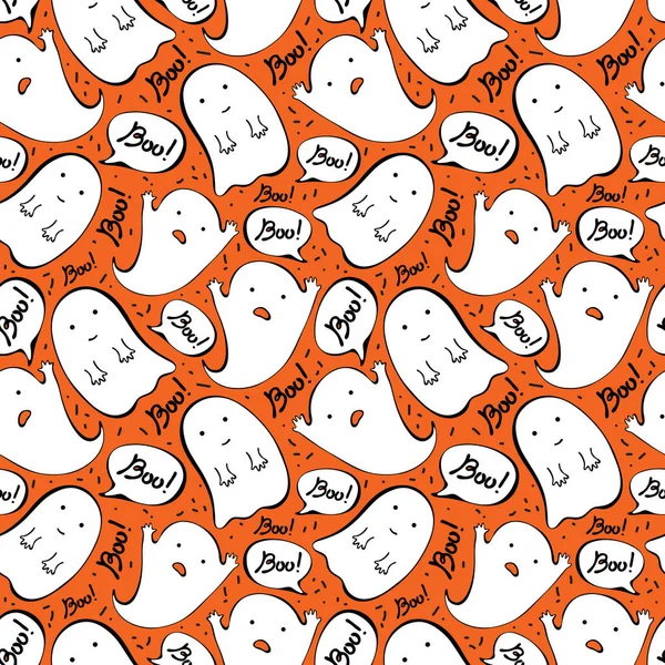 Cartoon cute Doodle hand drawn Halloween seamless pattern. Funny ghosts say Boo. Vector background design for fun Halloween decoration. Naive, childish style of drawing. For packaging, — Stock Vector
