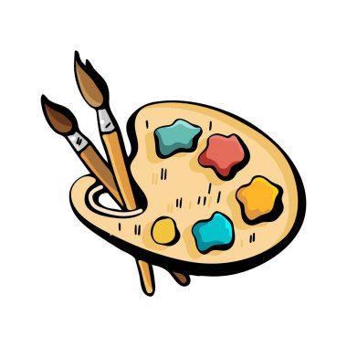 Sanatçının paleti, boyalar ve fırçalar, beyaz arka plan üzerine izole vektör çizimi. Sevimli, renkli resimler karikatür Doodle. Komik sanat eserleri. Elle çizilmiş çizim. Logo tasarımı, sembol, amblem,