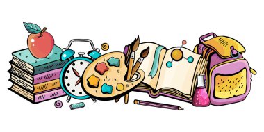 Okula yatay afiş. Sevimli tarzda Vektör renkli illüstrasyon. Tematik öğeler, nesneler ve semboller el çizilmiş Doodle karikatür seti. Çok sayıda koleksiyon