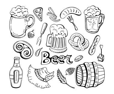 Büyük vektör seti çizgi sanat el çizilmiş Doodle karikatür oktoberfest temalı elemanları, nesneleri ve sembolleri ayarlayın. Beyaz arka planda yalıtılmış nesneler. Bira festivali. Sonbahar festivali.