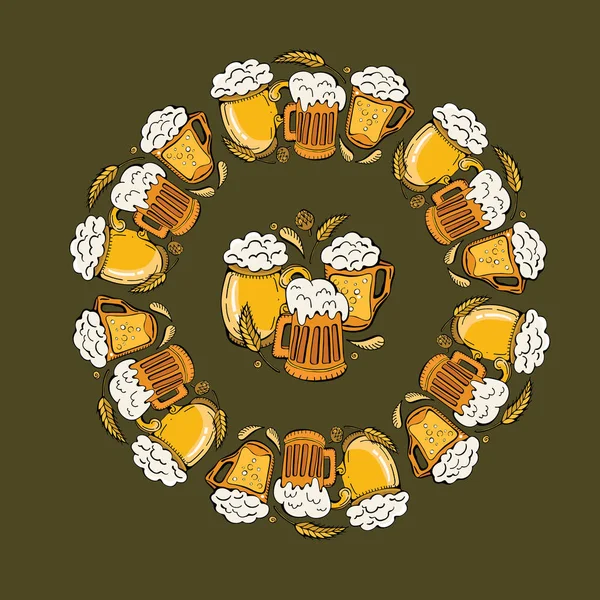 Adorno vectorial decorativo de jarras de cerveza, trigo y lúpulo. Corona de jarras de cerveza. Decoración para unas divertidas vacaciones de otoño, festival de la cerveza, Oktoberfest . — Vector de stock