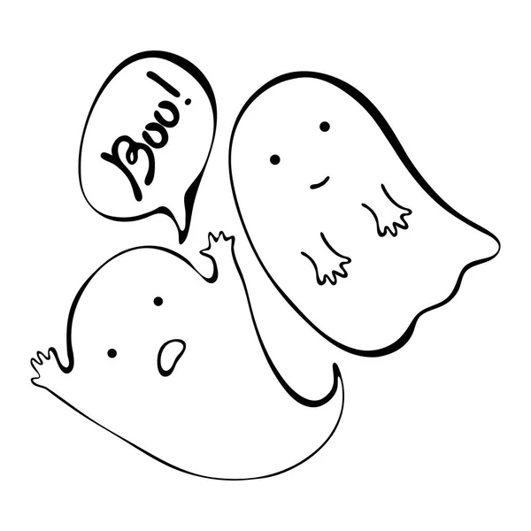 Ghost. Schattig Halloween Ghost met toespraak bubble. Boo belettering. Vector. geïsoleerd op witte achtergrond. Hand getekende kinderachtig illustratie. Gebruikt voor behang, patroonvullingen, webpagina — Stockvector