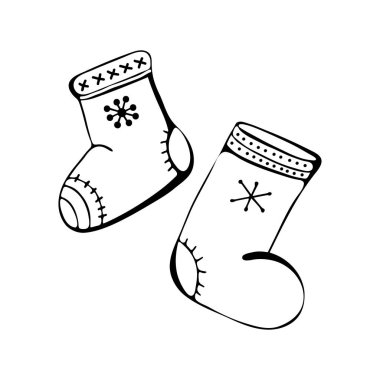 Noel ve yeni yıl kış simgeleri. Botlar, kışlık ayakkabılar. El çizilmiş tek renkli set, siyah beyaz set. tatil, kutlama. Beyaz arka planda yalıtılmış nesne.