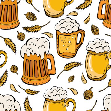 Bira simgeleri, buğday kulakları, sorunsuz arka plan hops. Oktoberfest karikatür sevimli Doodle elle çizilmiş. Renkli ayrıntılar, arka plan nesneleri çok. Sonsuz komik