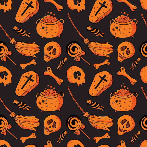 Calavera inconsútil y patrón óseo sobre fondo negro en vector. Antecedentes del esqueleto naranja. Diseño brillante para textiles, papel, papel pintado, embalaje. Decoración festiva — Vector de stock