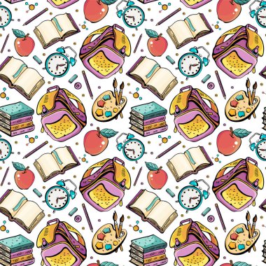 Karikatür elle çizilmiş Back to School sorunsuz desen. Bir sürü sembol, nesne ve öğe. Mükemmel komik arka plan. Vektör çizimi.