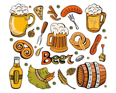 Sonbahar festivali Oktoberfest.Colorful vektör el çizilmiş Doodle karikatür seti bira festivali temalı elemanları, nesneleri ve semboller için ayarlayın. Dekore etmek için farklı öznitelikleri