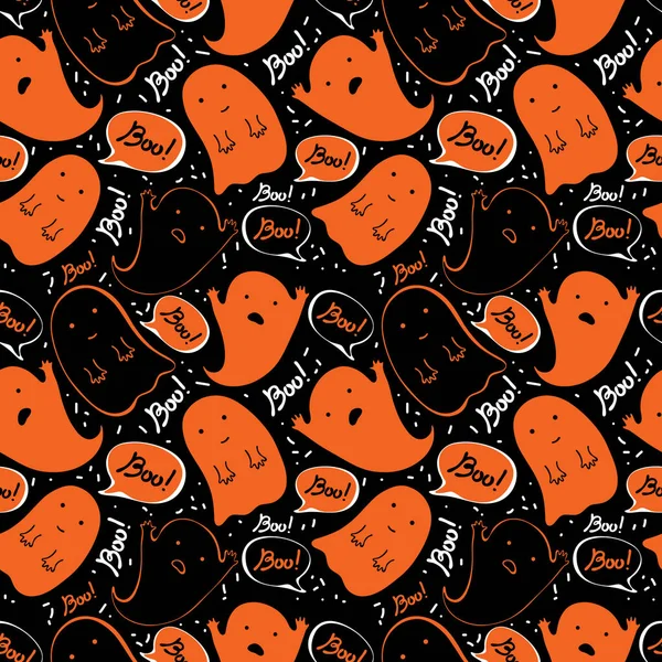 Cartoon cute Doodle hand drawn Halloween seamless pattern. Funny ghosts say Boo. Vector background design for fun Halloween decoration. Naive, childish style of drawing. For packaging, — Stock Vector