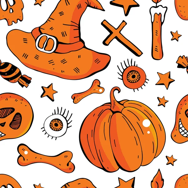 Vector naadloze achtergrond voor Happy Halloween. Achtergrond van pompoen, snoep, schedel, kaars, oog. Ontwerp voor textiel, papier, behang, verpakking, banner, wenskaart, uitnodiging. — Stockvector