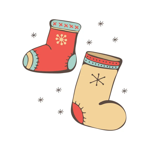 A set of winter shoes. Boots with embroidery. Colorful, festive style. Finnish, Russian style. Warm shoes for walking in winter. Isolated object on white background. Nice Doodle. — Stock Vector