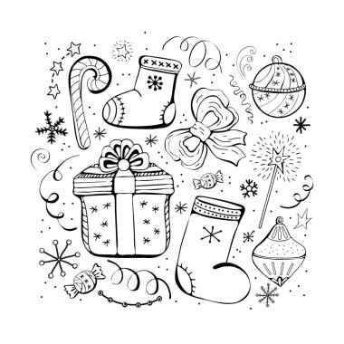 Noel ve yeni yıl kış simgeleri ayarlayın. Şeker, hediye, kar taneleri, botlar, yay, Noel oyuncakları, serpantin, çelenk. Elle çizilmiş tek renkli set, siyah beyaz set.