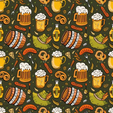 Karikatür sevimli Doodle el Oktoberfest sorunsuz desen çizilmiş. Bira simgeleri. Renkli detay, arka plan nesneleri çok. Sonsuz komik vektör illüstrasyon. Parlak renk arka planı