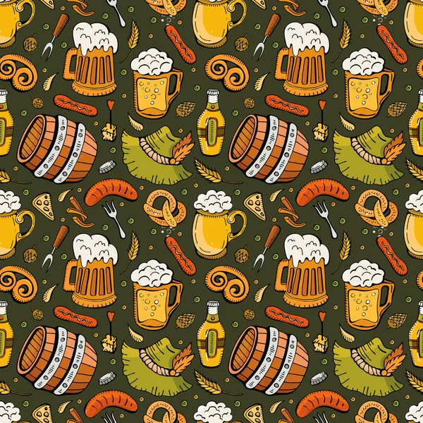 Desenhos animados bonito Doodle mão desenhada Oktoberfest padrão sem costura. Ícones de cerveja. Detalhe colorido, com muitos objetos de fundo. Imensa ilustração vectorial engraçada. Fundo de cor brilhante — Vetor de Stock