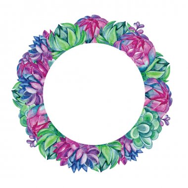 Suluboya sulu ve kaktüsler ile yuvarlak çerçeve. Romantik ve yaz tasarımı, reklam, tebrik kartları, posterler, reklam için. Dairesel etiket