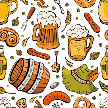 Karikatür sevimli Doodle el Oktoberfest sorunsuz desen çizilmiş. Bira simgeleri. Renkli detay, arka plan nesneleri çok. Sonsuz komik vektör illüstrasyon. Parlak renk arka planı
